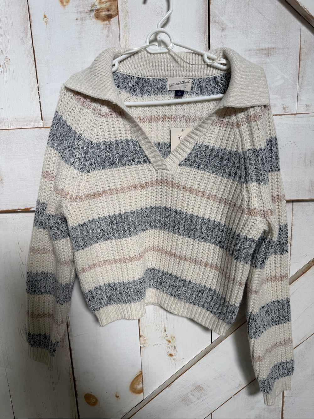 Universal Thread Cream, Gray & Tan Striped V-Neck Sweater
